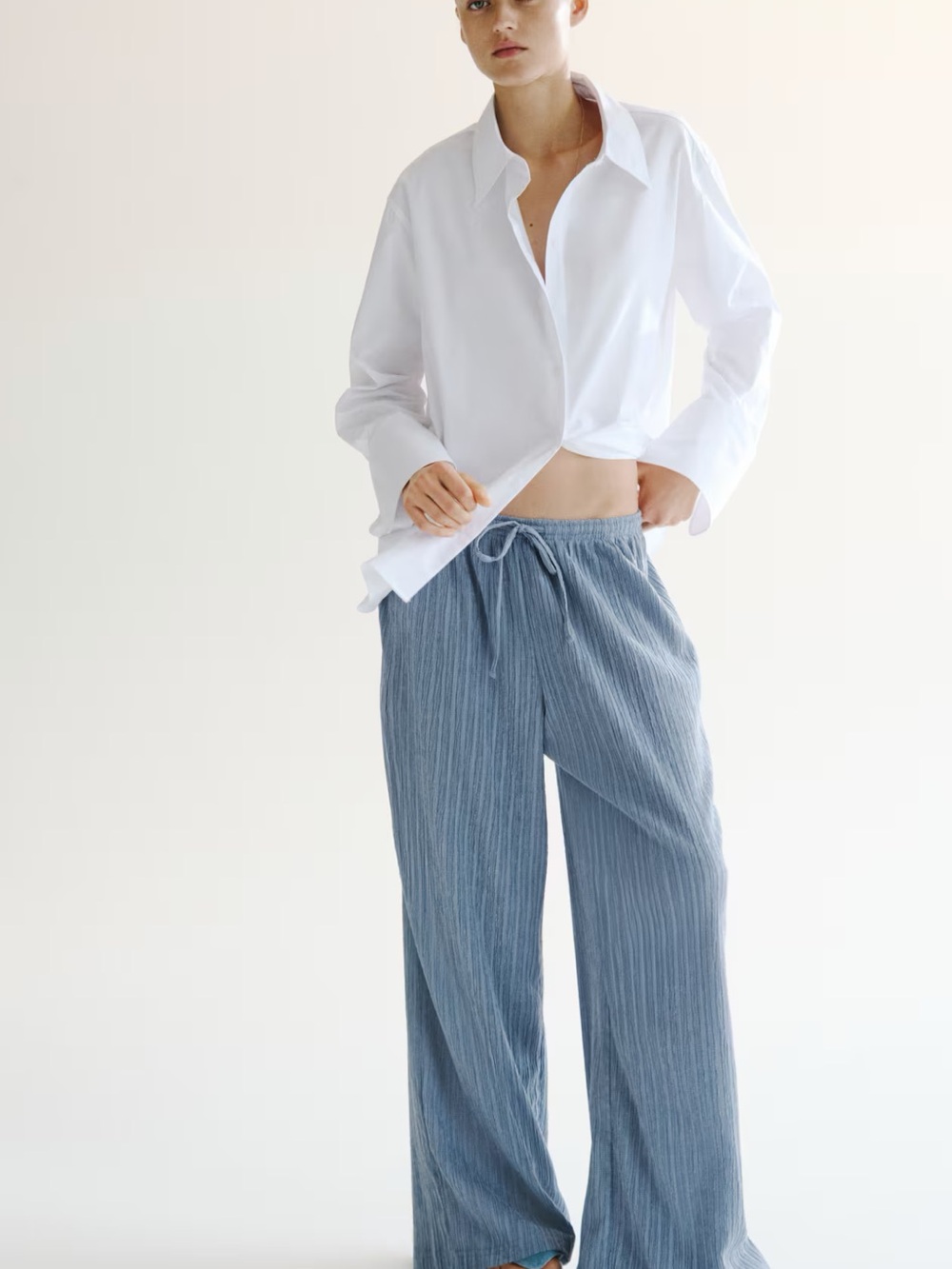 H&M Blue Pinstripe Wide-Leg Drawstring Pants